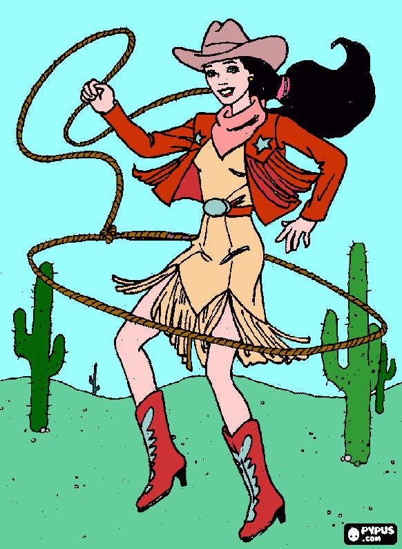 da mulher cowboy jogando o laço para colorir e imprimir