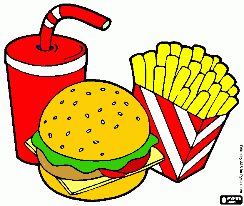 desenho com um copo,batata e um amburguer para colorir e imprimir