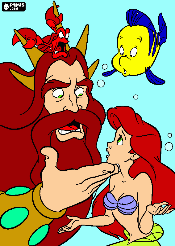 desenho da pequena sereia ariel com seu pai eos seus amigos linguado e sebastian para colorir e imprimir