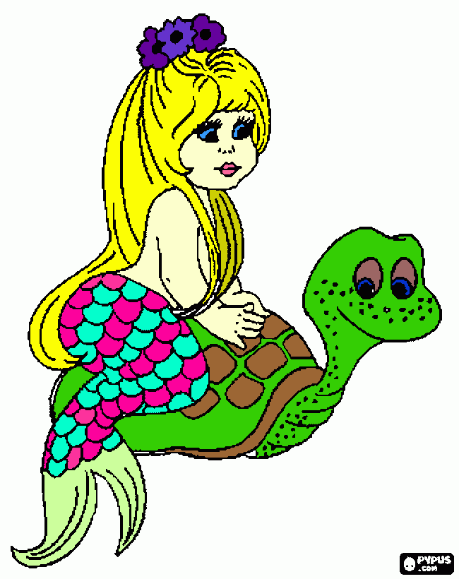 desenho de A Pequena Sereia cavalgando uma tartaruga marinha para colorir e imprimir