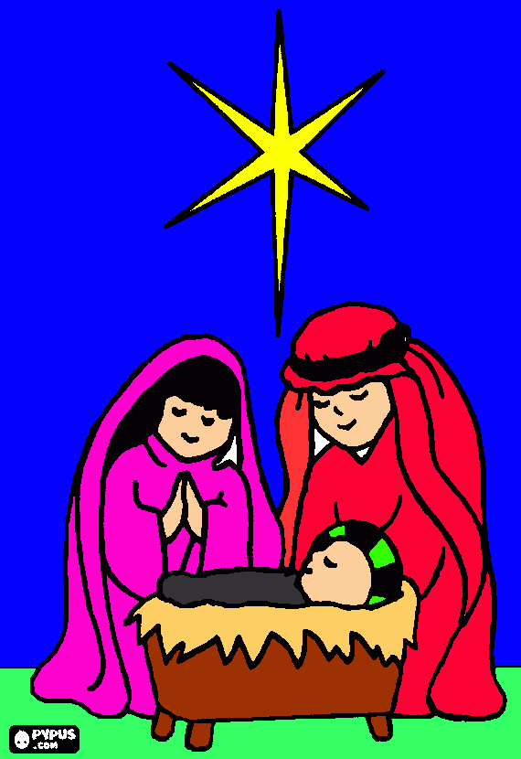 desenho de a sagrada familia,jesus,mariae jose, com a istrela de belem para colorir e imprimir