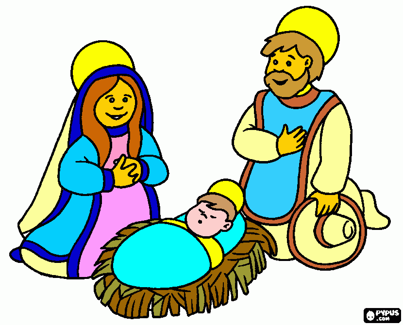 desenho de A sagrada família na noite de Natal para colorir e imprimir