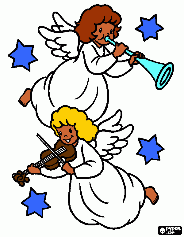 desenho de anjos músicoa tocando instrumentos, um trompete e um violino. para colorir e imprimir