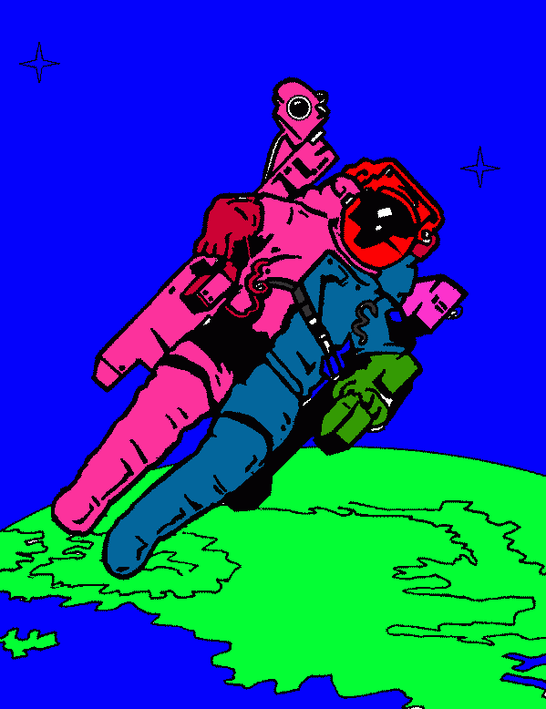 desenho de astronauta durate uma missão espacial usando mochila propulsora para colorir e imprimir