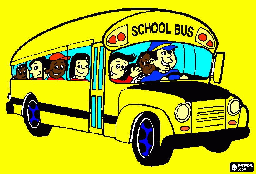 desenho de autocarro escolar cheio de crianças felizes. para colorir e imprimir
