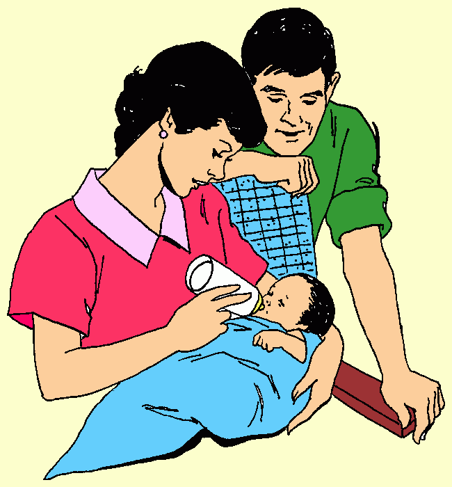 desenho de bebê que toma a sua mamadeira ou biberão nos braços da sua mãe e sob os olhos atentos de seu pai para colorir e imprimir