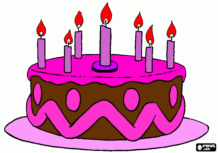 desenho de Bolo de aniversário com sete velas acesas para colorir e imprimir