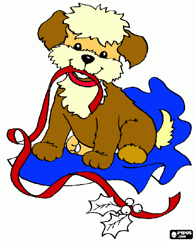 desenho de Cachorro brincando com uma fita de um presente para colorir e imprimir