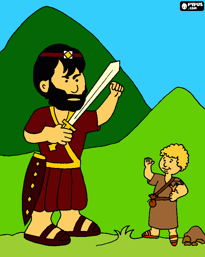 desenho de David enfrentando o gigante filisteu Golias com uma funda apenas para colorir e imprimir