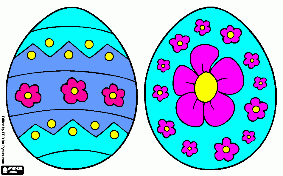 desenho de dois ovos de páscoa decoradoscom motivos florais para colorir e imprimir