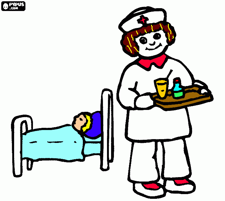 desenho de enfermeira que trabalha no hospitalcom um doente na cama para colorir e imprimir
