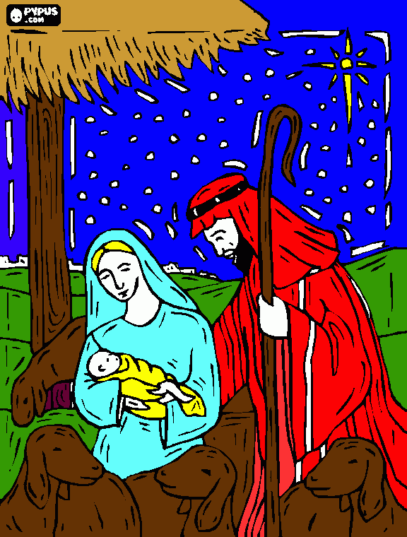 desenho de escena do nascimento de jesus em um estabulo perto de belem sob um ceu estrelado para colorir e imprimir