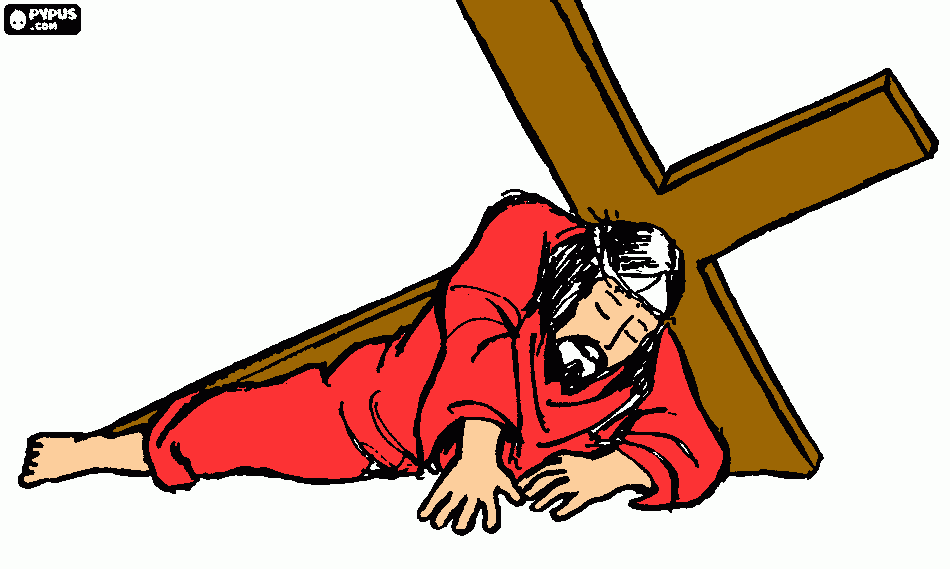 desenho de jesus no chao apos uma queda enquanto carregava a cruz para colorir e imprimir