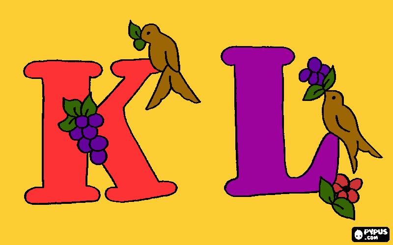 desenho de letras je l decoradas com pássaros com frutas  para colorir e imprimir