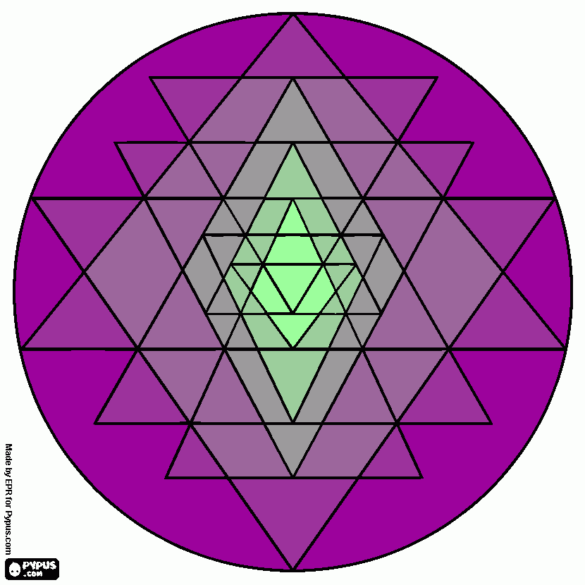 desenho de Mandala Yantra feita com uma sequencia de triangulos para colorir e imprimir