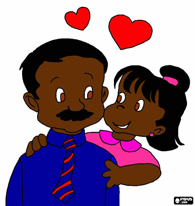 desenho de Menina felicitando seu pai com um abraço e um beijo grande para colorir e imprimir