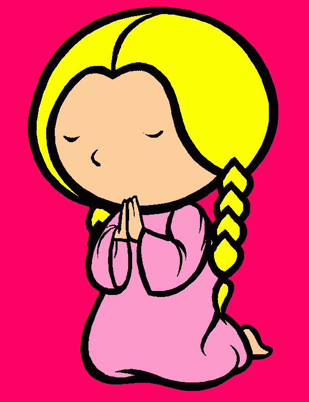 desenho de menina orando ajoelhada com suas mãos em oração para colorir e imprimir