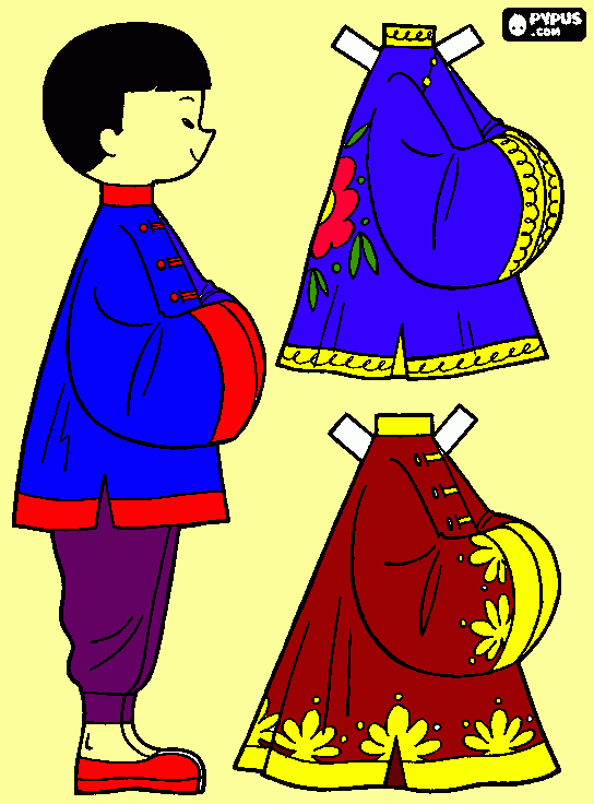 desenho de menino chines com traje tradicional para colorir e imprimir