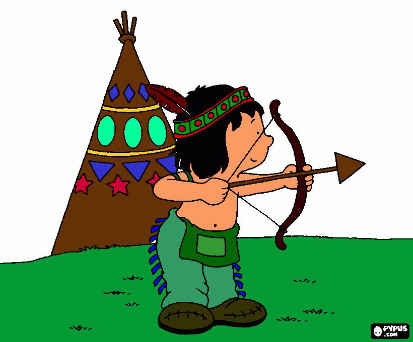 desenho de menino indiano praticando com o arco e flecha no acampamento ds tribo para colorir e imprimir