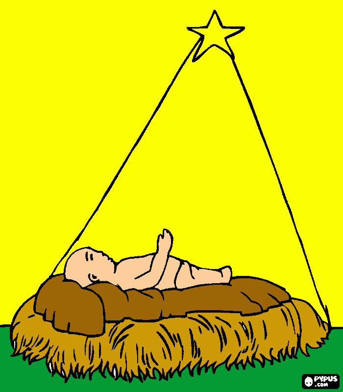 desenho de menino jesus na manjedoura sob a luz da estrela de natal para colorir e imprimir
