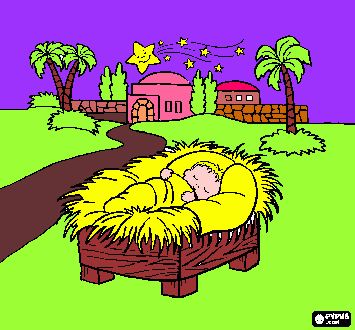 desenho  de menino jesus que dorme na manjedoura com a estrela de belem sobre a cidade para colorir e imprimir