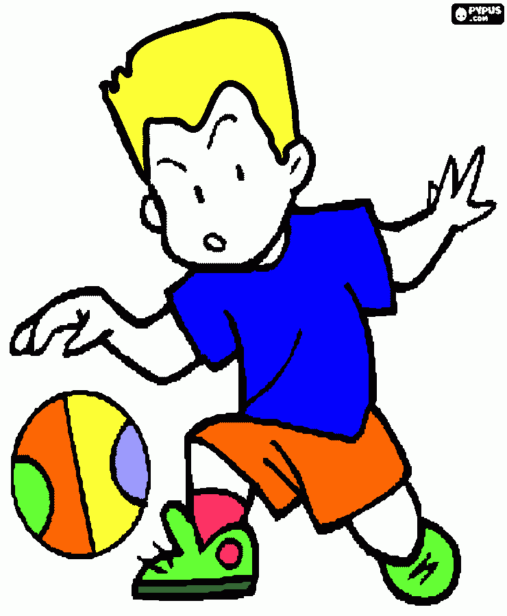 desenho de Menino jogando basquete. Criança quicando a bola para colorir e imprimir