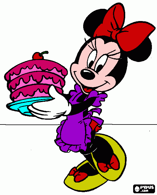 desenho de Minnie Mouse com um bolo para colorir e imprimir