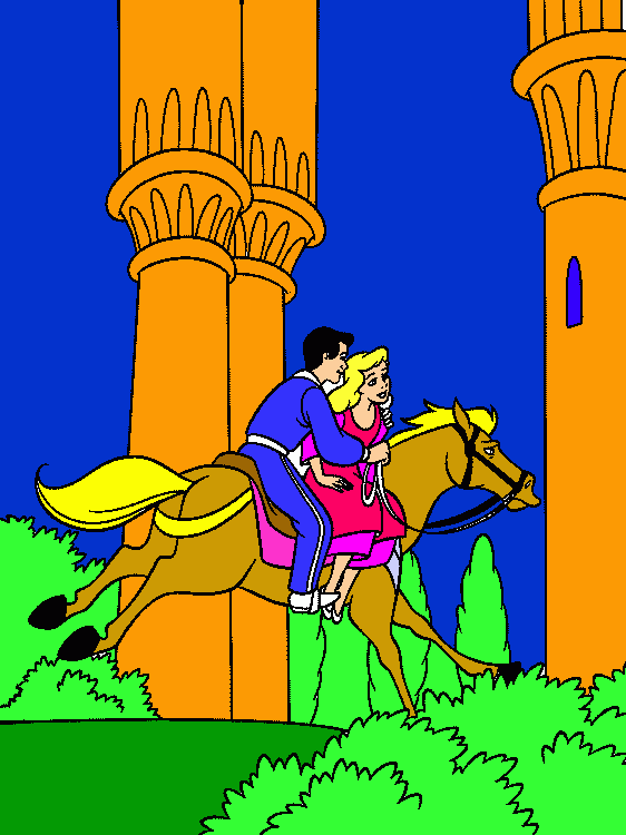 desenho de o principe e cinderela a cavalo pelos jardins do palacio para colorir e imprimir