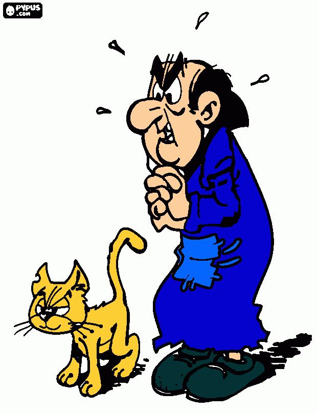 desenho de o terrível feiticeiro  gargamel e seu gato azrael, os inimigos doa smurfs para colorir e imprimir