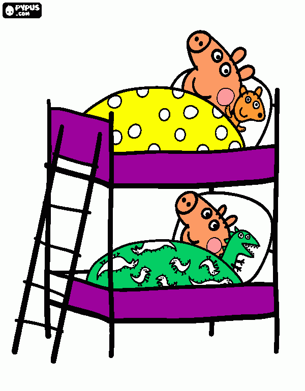 Desenho de os irmãos porco na cama. Peppa Pig em beliche acima e George Pig em beliche abaixo para colorir e imprimir