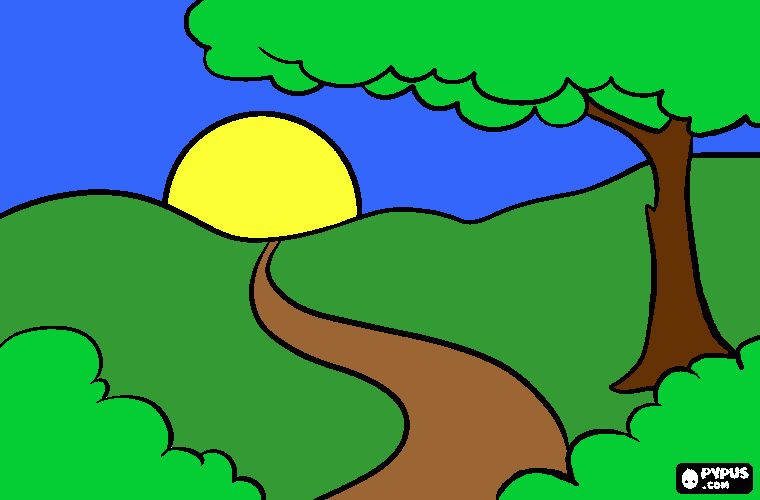 Desenho de paisagem ao amanhecer com uma arvore e um carinho para colorir e imprimir