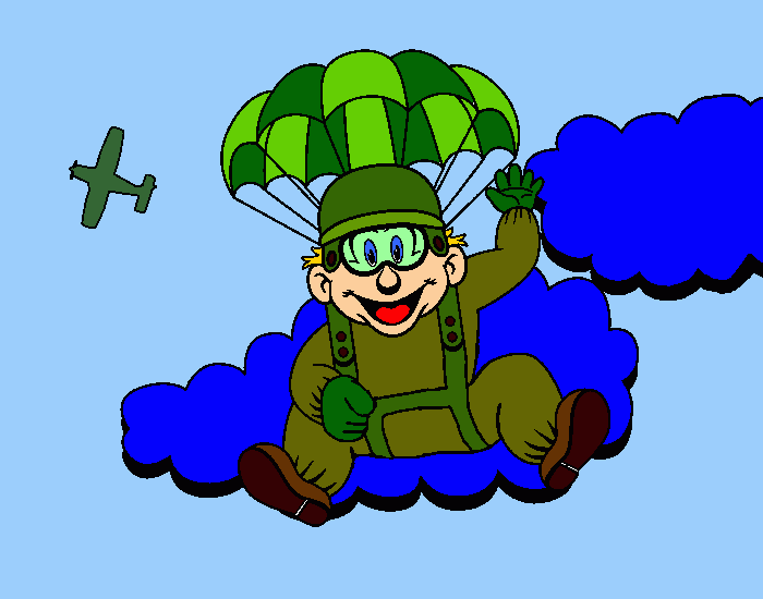 Desenho de paraquedista descendo através das nuvens para colorir e imprimir