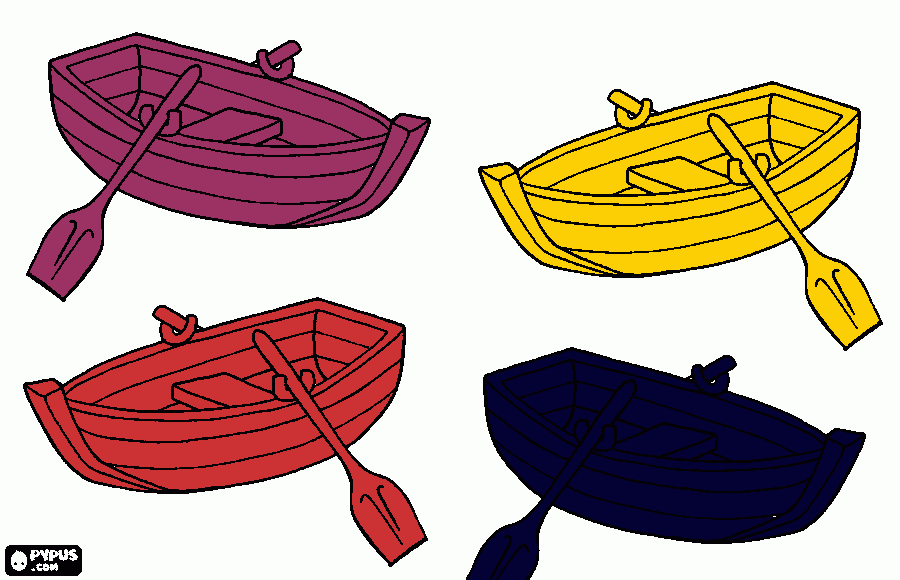 desenho de qundro botes com remos na agua  para colorir e imprimir