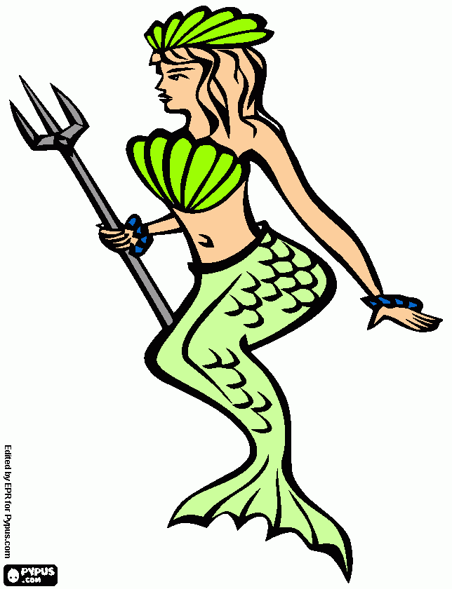 desenho de Sereia, a rainha dos mares com um tridente como Netuno para colorir e imprimir