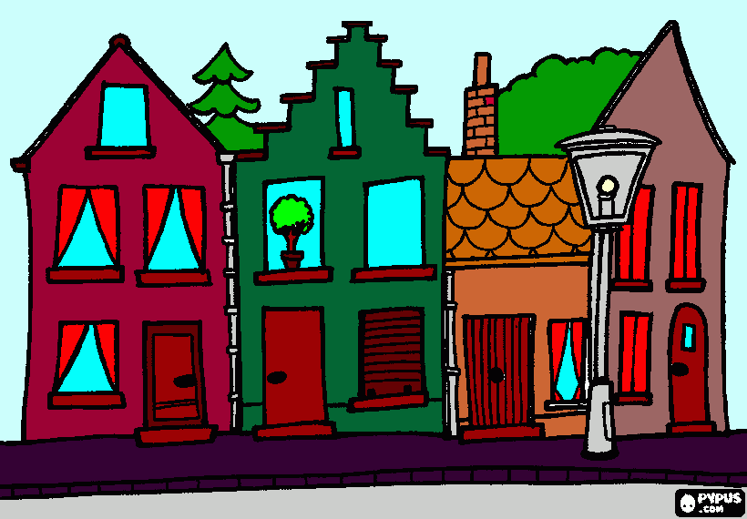 Desenho de Sobrados em uma rua de uma cidade para colorir e imprimir
