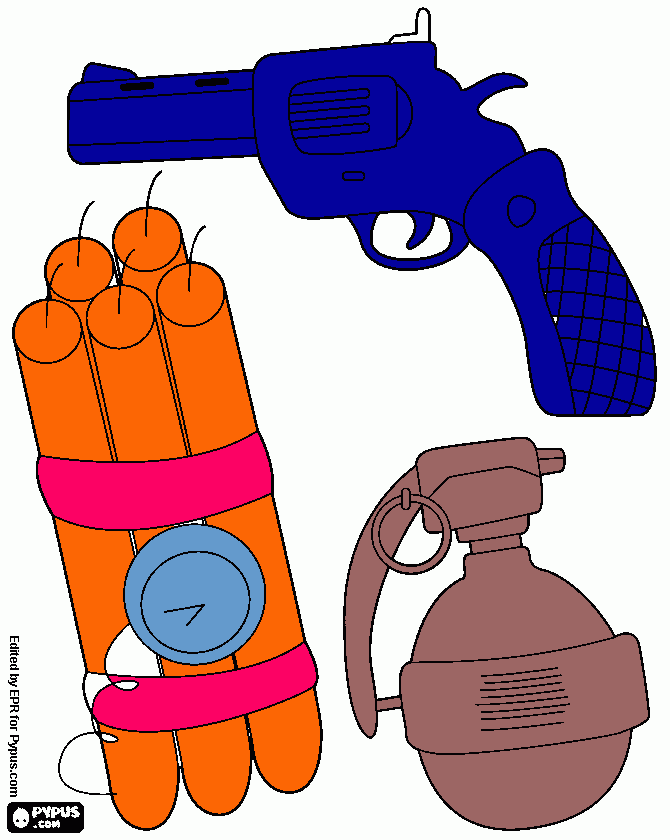desenho de tres tipos de armas de pequeno  para colorir e imprimir
