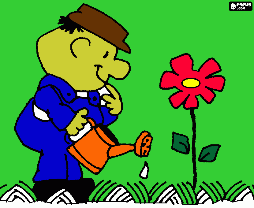 Desenho de um jardineiro regando uma flor para colorir e imprimir