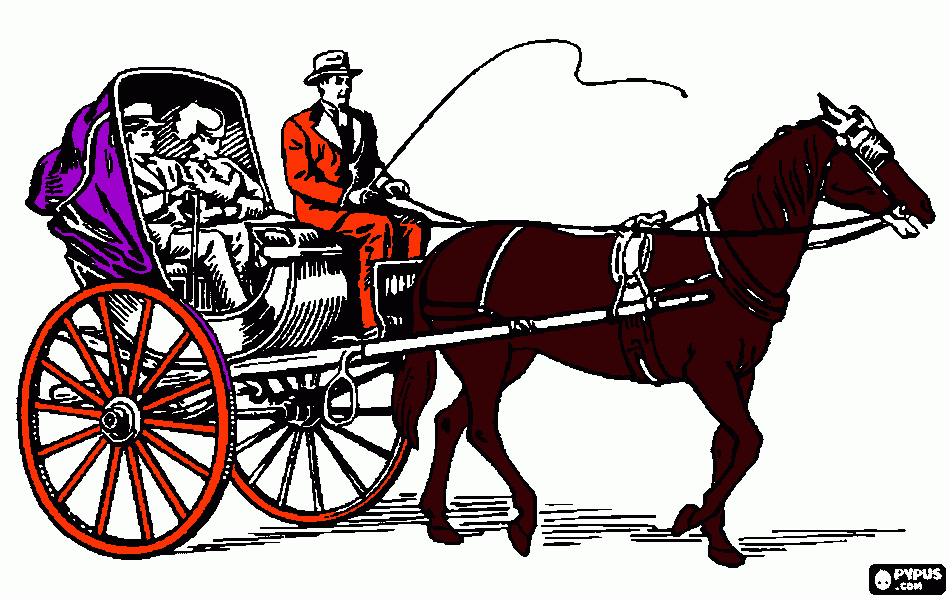 desenho de uma carruagem com duas rodas e puxado por um cavalo  para colorir e imprimir
