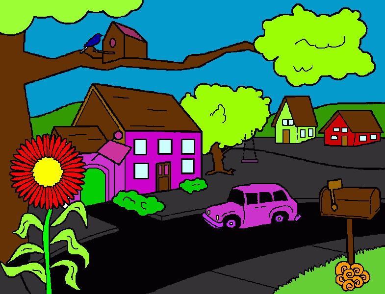 desenho de uma rua tranquila de  uma vila residencial com as árvores, os passaros´e as casas para colorir e imprimir