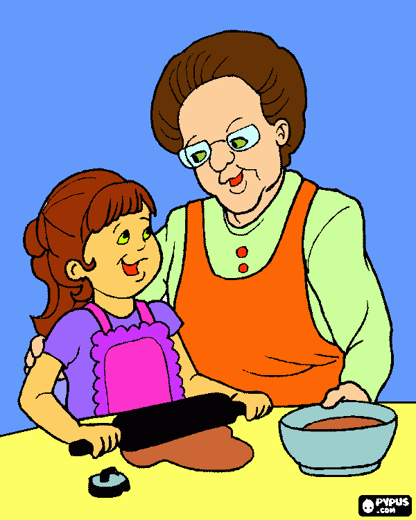 desenho de vovó ensinando a sua neta a cozinhar para colorir e imprimir