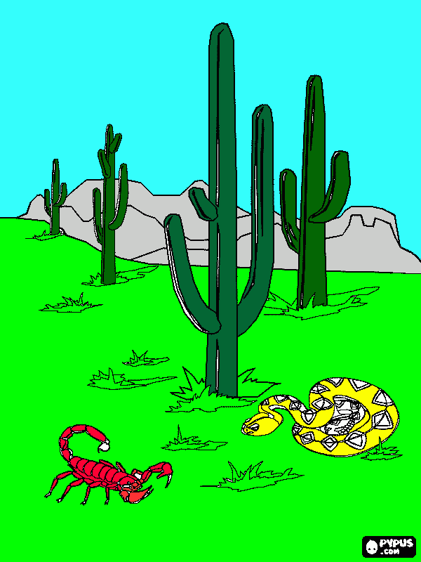 deserto sonora com os famosos cactus saguaro,um escorpiao e uma cobra para colorir e imprimir