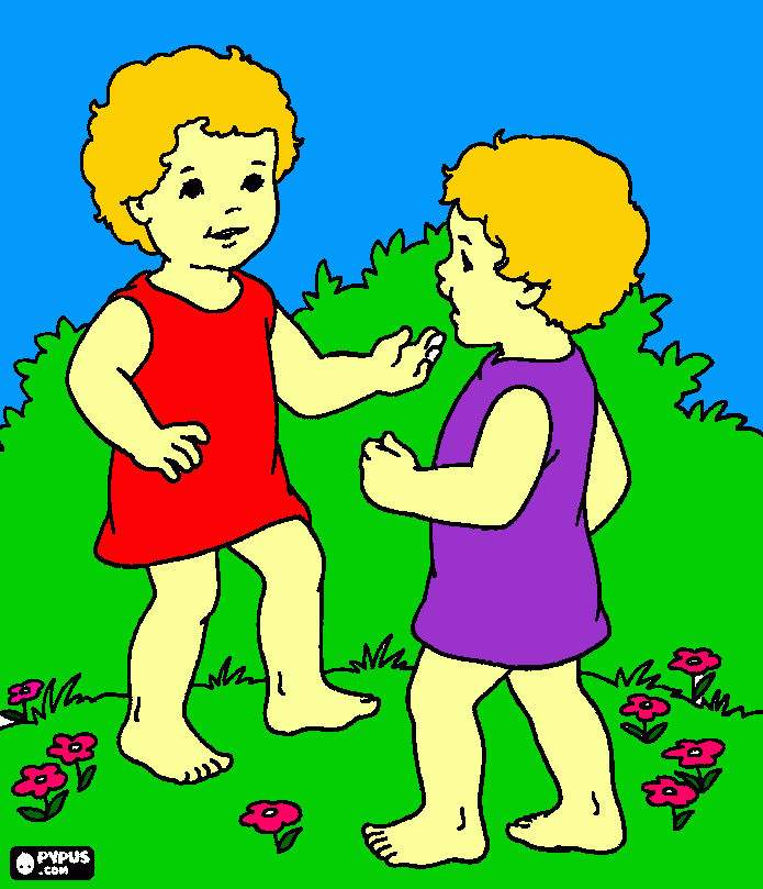 dezenho de duas meninas brincando no jardim para colorir e imprimir