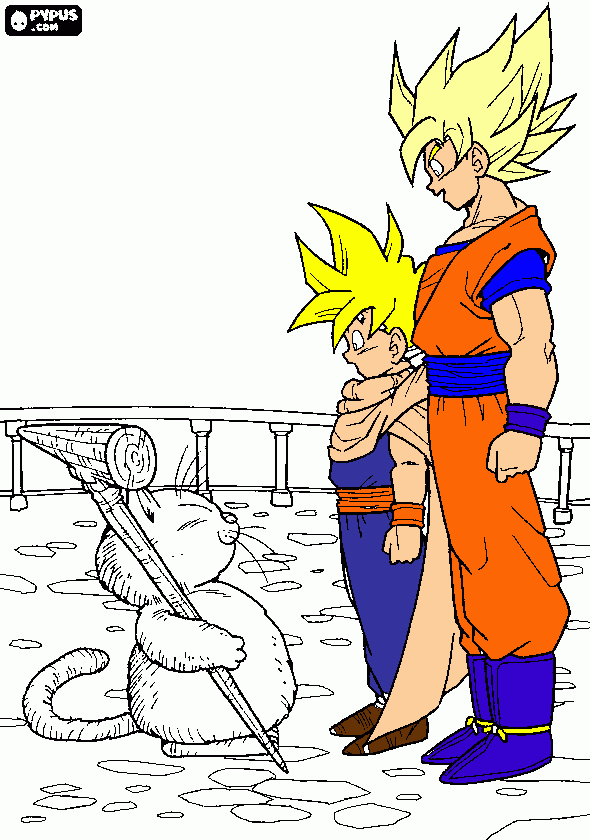 dezenho de mestre de artes marciais karin com son goku e seu filho son gohan para colorir e imprimir