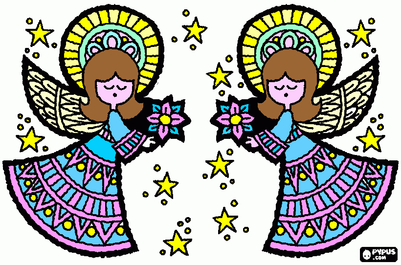 dois anjos com flores  para colorir e imprimir