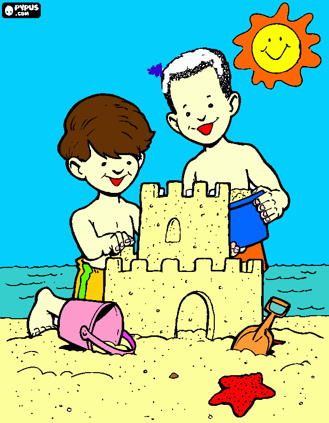 dois meninos a contruirem um castelo de areia na praia para colorir e imprimir