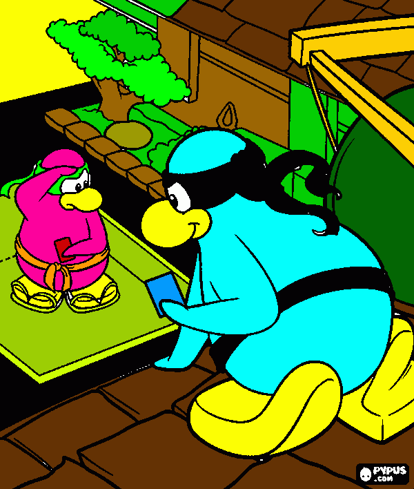 dois pinguins coloridos jogando desafio ninja para colorir e imprimir