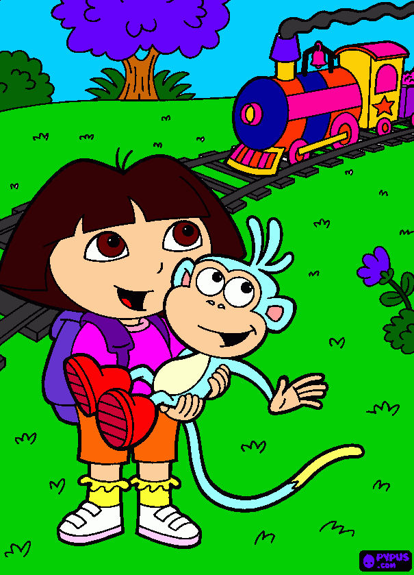 Dora e botas olhando um trem de carga antigo... para colorir e imprimir