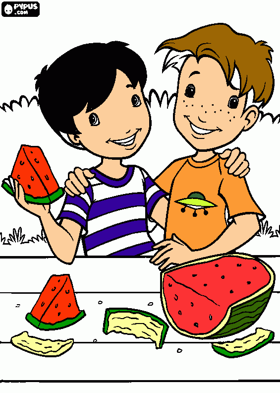 duas crianças comendo melancia para colorir e imprimir