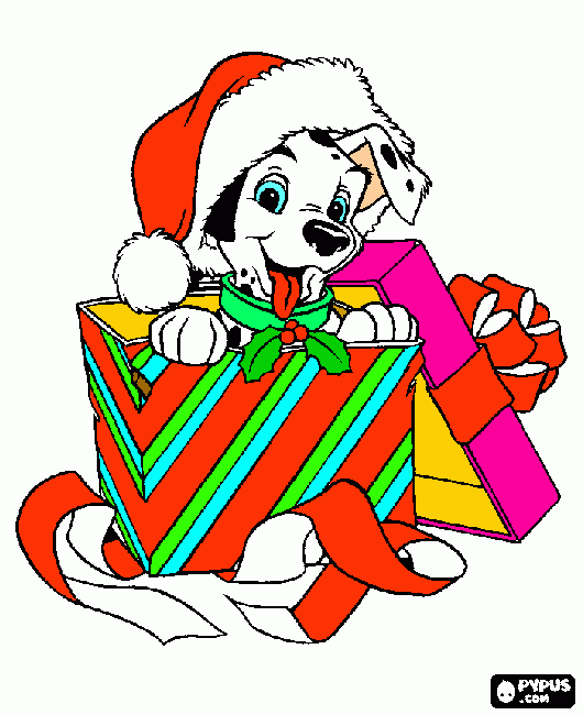 Dálmata numa caixa de embrulho para colorir e imprimir