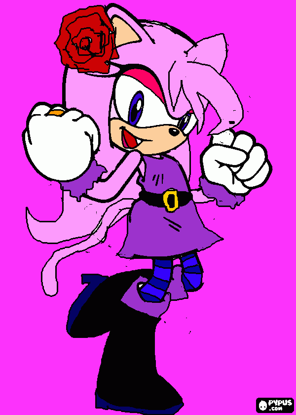 e um gato femia rosa bebe usa um vestido mais ou menos curto roxo uma bota preta e uma luva branca com veludo roxo e um aneu dourado e uma flor na cabesa. para colorir e imprimir
